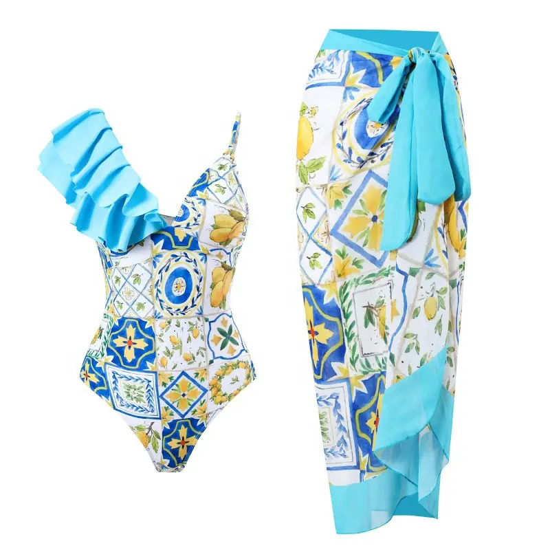 Beach Swim Wear Sarong Summer 2023 New Product Print One Piece Swimwear with Skirt Cover Up Bikini Sexy Bikini Set