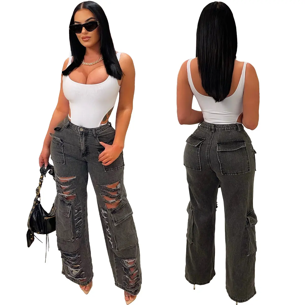 Y2K Estilo cintura alta cinza escuro escavar calças jeans de carga para as mulheres 2023 Moda bolsos calças jeans