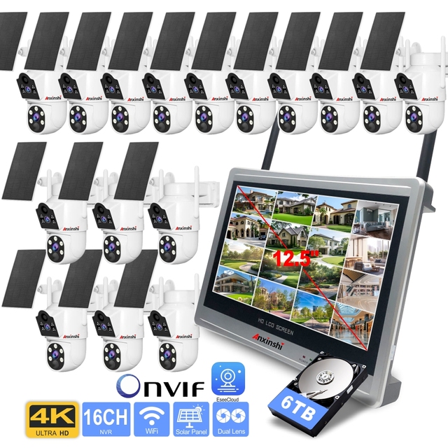 Solar Security Camera System 16Channels Wireless WiFi NVR 12.5inch 8MP Outdoor Ai Human Detection PTZ Dual Lens Eseecloud HDD