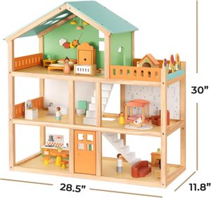 Grande Casa delle Bambole in Legno con 42 Pezzi di Mobili e Accessori di Lusso, Casa delle Bambole a 3 Piani con 6 Stanze, Balcone e Scale in Legno - Product Image 3