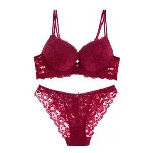 Hot Sale Bra And Panties Solid Color Underwear Push Up Lace Bra Set Lace Underwire Red For Girl Lady Women