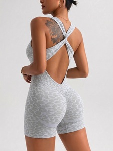 Seamless <b>Leopard</b> Gym Fitness <b>Print</b> Cross-strap <b>Jumpsuit</b> Shorts woman Yoga Clothes Tight-fitting High-stretch Bodysuit Sportswear - Product Image 2