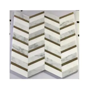 Белый мрамор Thassos и белый мрамор, Смешанная Золотая латунная мозаика с узором в елочку, плитка 12x12 дюймов