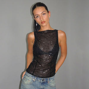 Knitted <b>Sequin</b> Cut-Out Sleeveless Short <b>Top</b> Zipper Front Club Party Vest Summer High Quality Women's Cami - Product Image 1
