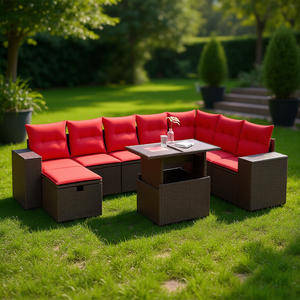 Set Divano da Giardino in Polyrattan Marrone con Cuscini, 9 Pezzi, Arredamento da Esterno Stile Contemporaneo per Giardino - Product Image 2