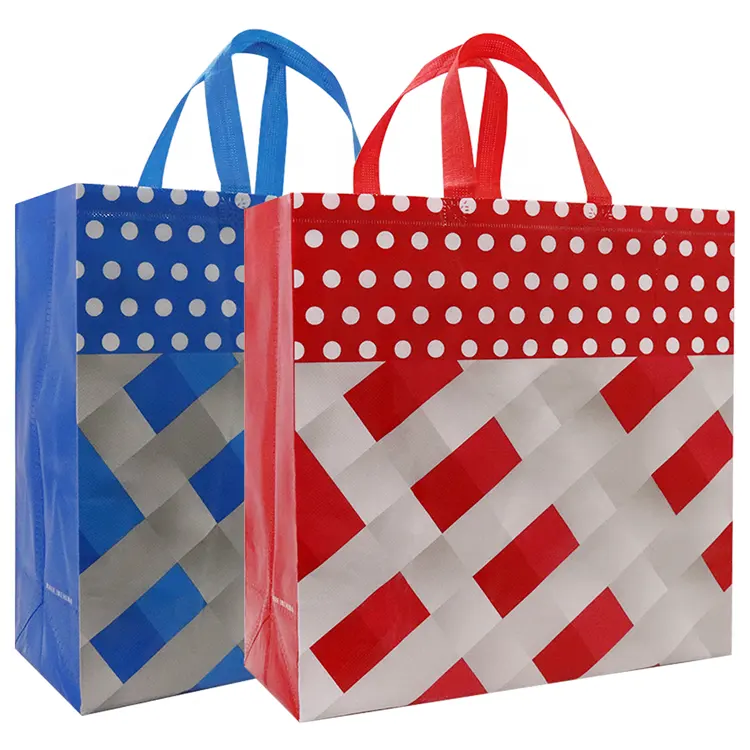 Sacolas de compras prensadas a quente para presentes e festas de Natal, sacolas com bolinhas geométricas vermelhas reutilizáveis, logotipo personalizado