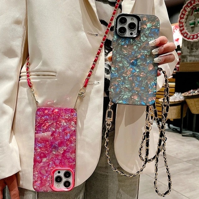 Shell Pattern Glitter Marble Hard Cover with Metal Chain Crossbody Lanyard For iPhone 11 12 13 14 15 16 17Pro Max Plus
