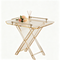 Table d'appoint pliable en acrylique transparent de luxe sur mesure avec bordure dorée et poignée, plateau de service amovible