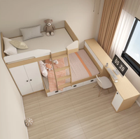 Lit mezzanine gain de place en bois avec rangement encastré, 3 tiroirs et armoire pour chambre familiale ou d'enfants