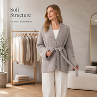 Cardigan long en maille brossée douce personnalisé avec ceinture pour femme, chaud et épais, à manches longues côtelées, style kimono décontracté pour l'hiver