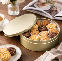 Boîte à biscuits ronde en métal doré personnalisée, conteneur d'emballage en étain doré de qualité alimentaire pour biscuits et gâteaux de rêve
