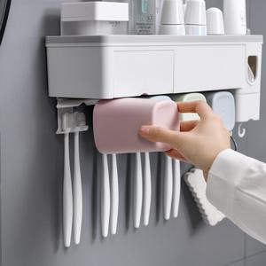 Soporte para cepillos de dientes montado en la pared con dispensador de pasta de dientes y juego de vasos para enjuague bucal, ventosa, fácil de limpiar - Product Image 3