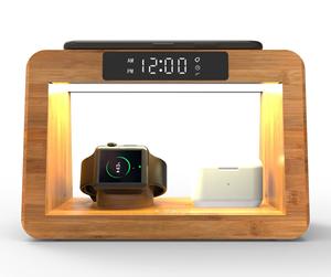 5 في 1 محمول سريع الشحن خشبي 15 واط شعار مخصص هدية ساعة منبه رقمية مع شحن لاسلكي - Product Image 1