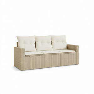 Canapé de jardin en rotin beige trois places, mobilier d'extérieur avec coussin, design contemporain - Product Image 1