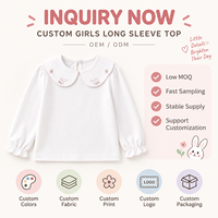 T-shirt personnalisé pour filles, broderie lapin, col Peter Pan, manches longues, sous-vêtement, tee-shirt en coton pour tout-petits et enfants, haut pour enfants OEM ODM