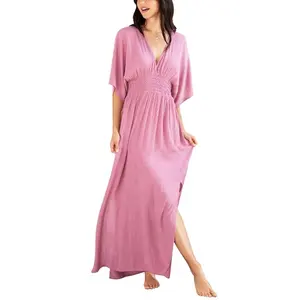 OEM FTY Guangzhou Womens Clothing Manufacturer Sample Clothes Customized Oversized Elegant V Neck Batwing Sleeve Slit Maxi Dress