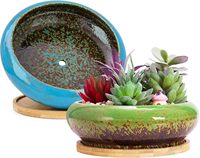 Grandes jardinières en céramique pour plantes succulentes, pot à bonsaï avec plateaux, jardinières réactives peu profondes rondes de 7,3 pouces pour plantes d'intérieur, cactus, fleurs