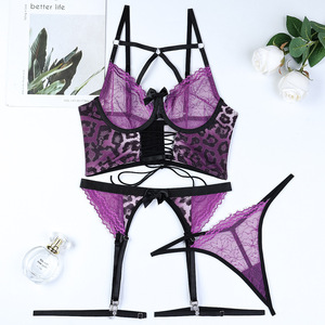 Vêtements de lingerie sexy pour femmes très vendus avec des bretelles en maille à imprimé léopard, ensemble séduisant de haute qualité en trois pièces - Product Image 5
