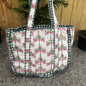 กระเป๋าผ้าฝ้ายสไตล์วินเทจ กระเป๋าช้อปปิ้ง/กระเป๋าสะพายไหล่ กระเป๋าเย็บลายตาราง สำหรับผู้หญิง กระเป๋าเดินทาง กระเป๋าถือสุดสัปดาห์ กระเป๋าถือทำมือ - Product Image 1