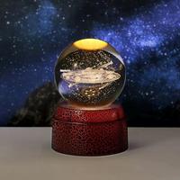 Sphère du système solaire en cristal, gravée au laser en 3D, boule de cristal de la galaxie avec base en bois et lumière LED pour la décoration de la maison et les cadeaux