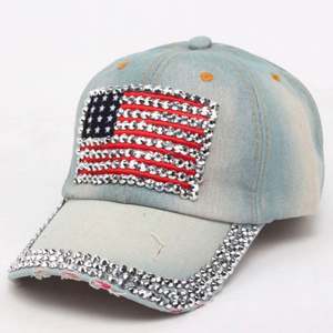 Casquette de baseball originale en gros non structurée avec strass et drapeau américain vintage bling délavé en denim - Product Image 4
