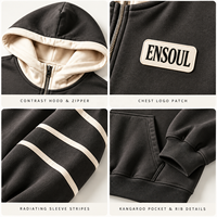 Sweat-shirt à capuche surdimensionné et ample en coton épais avec manches rayées et fermeture éclair contrastante, personnalisé pour homme, idéal pour le streetwear