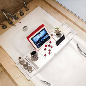 Support de tablette et téléphone rétractable antidérapant en bambou pour baignoire, accessoire de bain multifonctionnel - Product Image 1