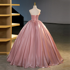 Dusty Rose Satin Strapless Backless Ball Gown Empire Waist Evening Dress with Puffy Skirt - Product Image 3