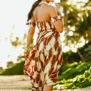 Manufacturer Designs Luxury Hawaiian Print Slit Maxi <b>Dresses</b> Custom Rayon Off-the-shoulder <b>Dresses</b> - Product Image 3
