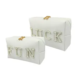 College Style Diamond Inlaid Pearl English Letter Cloth Sticker Makeup Bag High-value Student Holding Waterproof Makeup Bag