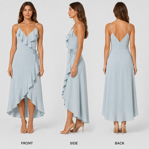 Robe midi en mousseline bleu poudré personnalisée pour <span class=keywords><strong>femme</strong></span>, col en V, à volants, style portefeuille, pour demoiselle d'honneur, invitée de mariage, cocktail, fournisseur en gros - Product Image 2