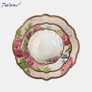 Dập nổi vàng <span class=keywords><strong>Decal</strong></span> Rose thiết kế 72 cái xương mới Trung Quốc hoa hình dạng bộ đồ ăn Sứ đặt bữa ăn tối với màu hồng tăng - Product Image 2