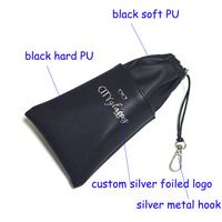 Sac d'emballage de lunettes de soleil de stockage de lunettes de vue en cuir PU noir souple avec cordon de serrage