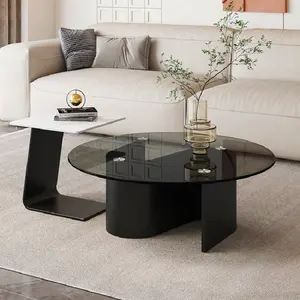 Home sala mesa central placa pedra mesa café vidro temperado Pequeno apartamento redonda mesa de chá combinação