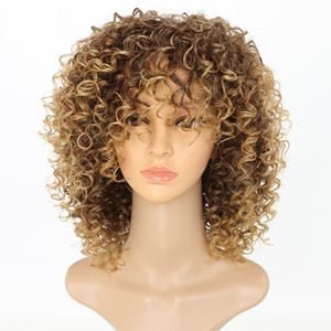 <span class=keywords><strong>Parrucca</strong></span> riccia <span class=keywords><strong>Afro</strong></span> crespo <span class=keywords><strong>bionda</strong></span> con frangia parrucche sintetiche corte per le donne nere Ombre marrone Glueless Cosplay capelli resistenti al calore - Product Image 1