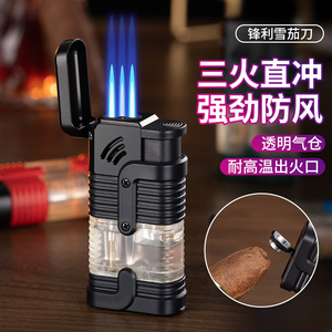 ไฟแช็คแบบเติมได้สามไฟเบากันลมเข้าห้องแก๊สโปร่งใสพร้อมที่ตัดซิการ์ - Product Image 5