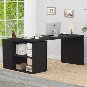 Home corner office <b>computer</b> <b>desk</b>, student study <b>desk</b>, black rectangular table with storage drawers - Product Image 2