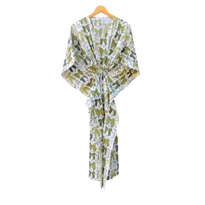Kimono con estampado de lazos verdes para mujer, cuello en V, manga media, largo, con cordón, para la playa - Product Image 1