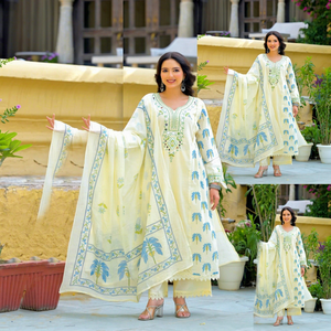 Ensemble de costume trois pièces en coton de luxe avec kurta imprimé, pantalon palazzo et dupatta doux pour femmes - Product Image 1