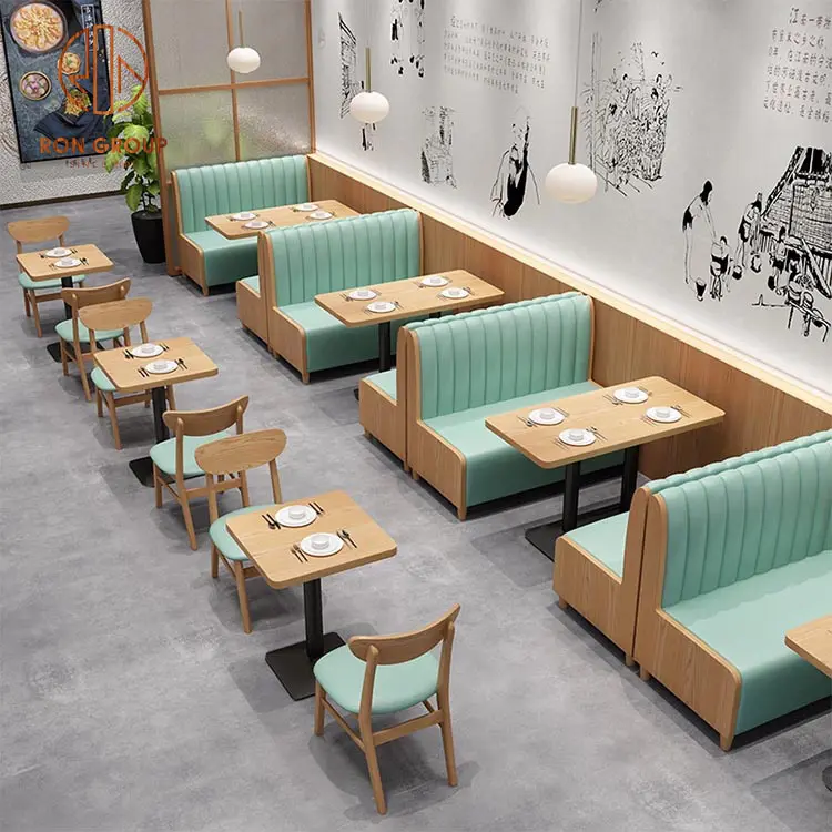 Conjuntos de móveis de couro personalizados para restaurantes, mesas e cadeiras de madeira para cafeteria, mesa de jantar e hotel