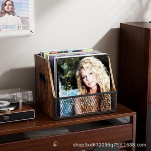 Étagère transfrontalière en bois pour disques vinyles, organisateur d'albums et de CD en bois massif, et étagère à magazines et livres en fer forgé - Product Image 3