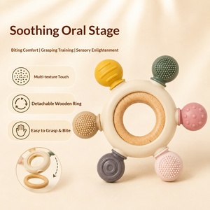 Foodgrade Silicone Baby Teether, Wooden Ring Teething Toy, Soothing Handgrasp Ball, Educational Early Learning - Product Image 3