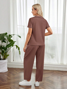 Ensemble de vêtements de grossesse décontractés pour femmes, col polo, boutons sur le devant, taille ajustable, coupe ample, vêtements de détente - Product Image 2
