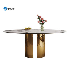 Ensemble <span class=keywords><strong>de</strong></span> table à manger moderne en pierre frittée dorée crème <span class=keywords><strong>blanche</strong></span> <span class=keywords><strong>de</strong></span> forme octogonale avec 6 chaises, pieds en métal imperméables et écologiques pour hôtel - Product Image 2