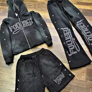 Rhinestone Luxury Custom <strong>Designer</strong> Men Long Sleeve Full Zip up Two Piece <strong>Tracksuit</strong> Sun Faded Jogging Sweatpants and Hoodie Set - Product Image 1