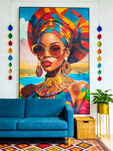 Vivace ritratto di moda africana su tela - Stampa tribale colorata con occhiali da sole dorati, decorazione da parete per soggiorno - Product Image 5
