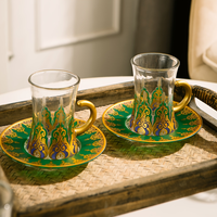Ensemble de 18 tasses à café turques en verre peintes à la main de style moyen-oriental vintage avec soucoupes