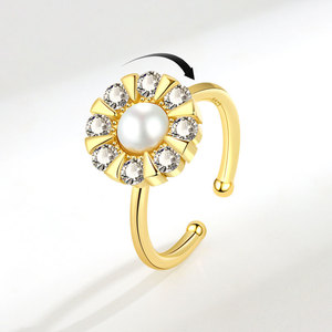 Anillos abiertos giratorios de copo de nieve con circonitas engastadas y perlas de concha, chapados en oro sobre cobre, inoxidables, joyería para aliviar la ansiedad para mujer - Product Image 2