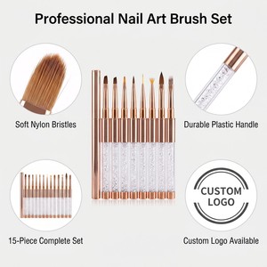 15 Pcs Professional <strong>Nail</strong> Art <strong>Brush</strong> <strong>Set</strong>, Nylon Hair Plastic Handle Liner Round Flat Oval Fan, Custom Logo Private Label - Product Image 3