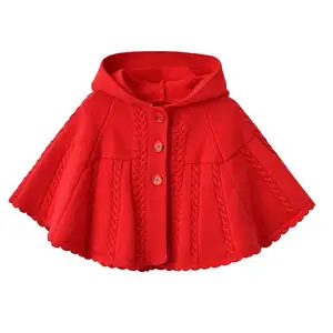 Suéter de malha com capuz infantil, cardigan de malha vermelho com botão para crianças, primavera e inverno